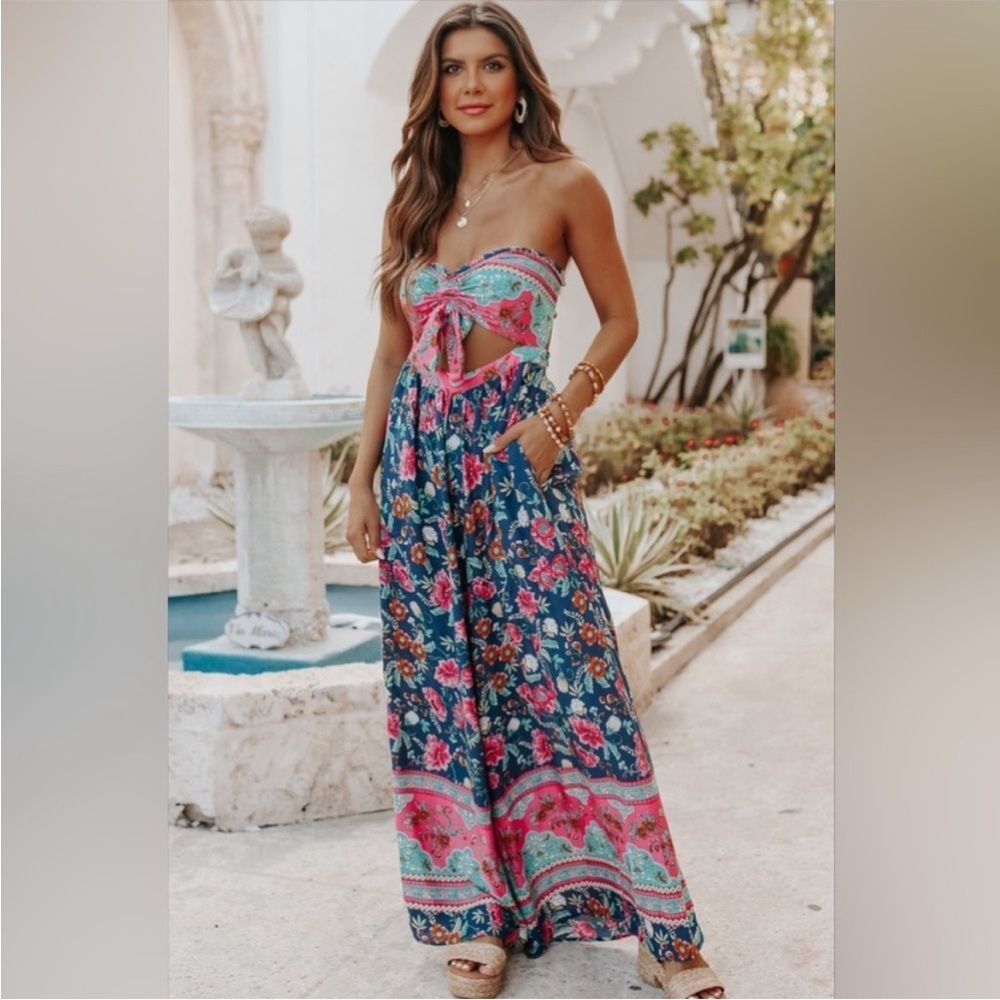 Magnolia Boutique - One piece Strapless Navy Mixed Print Jumpsuit - Small - NWOT